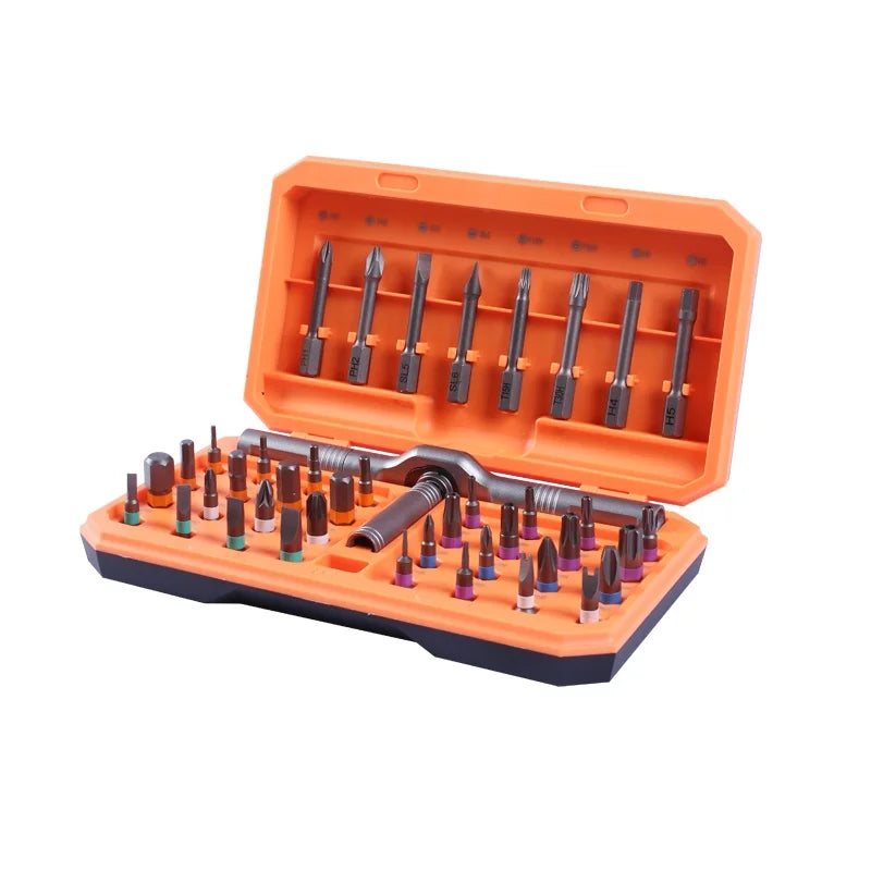 Magnetic screwdriver set with bits in bright orange hard case and molded base tray