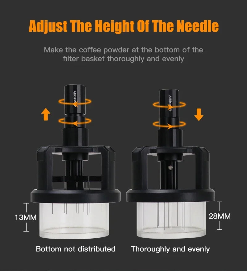 Allikissie black metal espresso coffee distribution tool with adjustable needle depth from 13mm to 28mm.