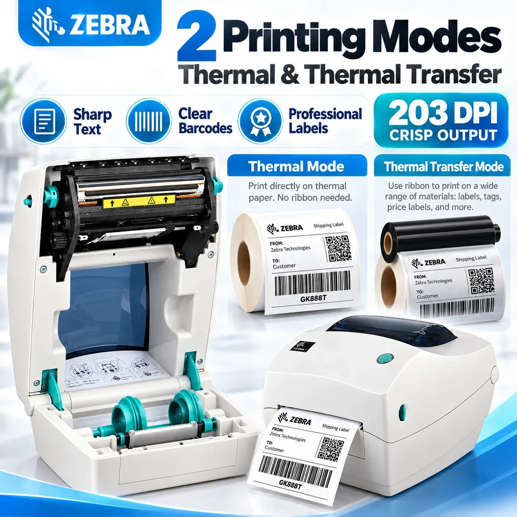 Desktop label printer showing thermal and thermal transfer modes with label rolls installed