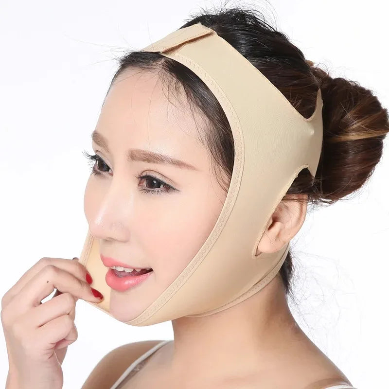 A woman wearing a beige, elastic V-line face slimming bandage strap that lifts the chin and cheeks.