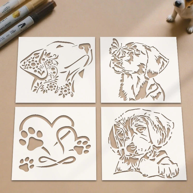 4pcs reusable dog-themed PET plastic stencils for DIY pet art, spray painting, and creative home wall decoration.