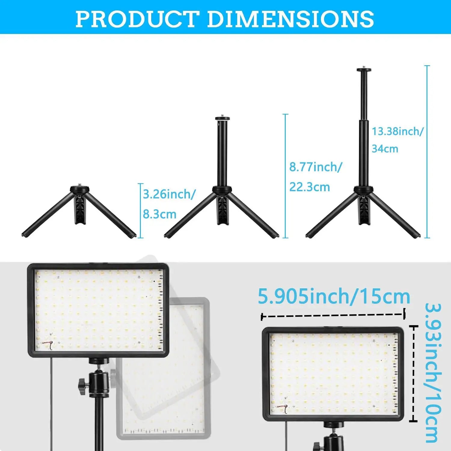 Adjustable LED light panel and black tripod stand with labeled height and width dimensions.