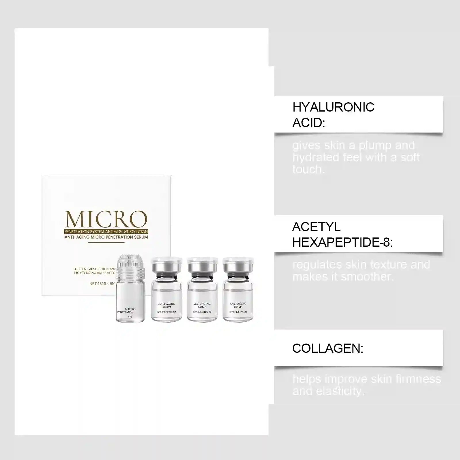 Micro Anti-Aging Collagen Essence Set with Hyaluronic Acid & Hexapeptide-8 in sleek glass vials for firming skin.