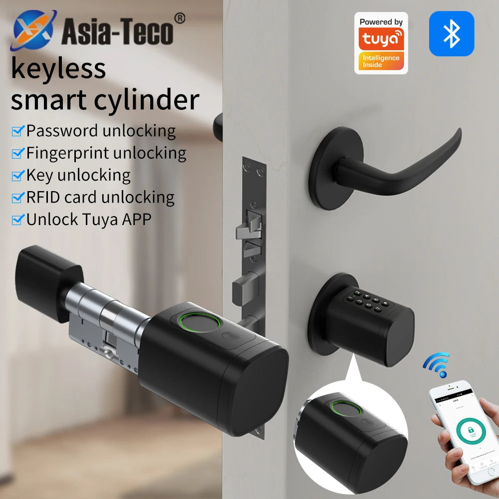 Support Tuya App Intelligent Plug-in Lock IP65 Biometric Fingerprint App Control Cylindrical Bolt Alex/Google Home/Office Door