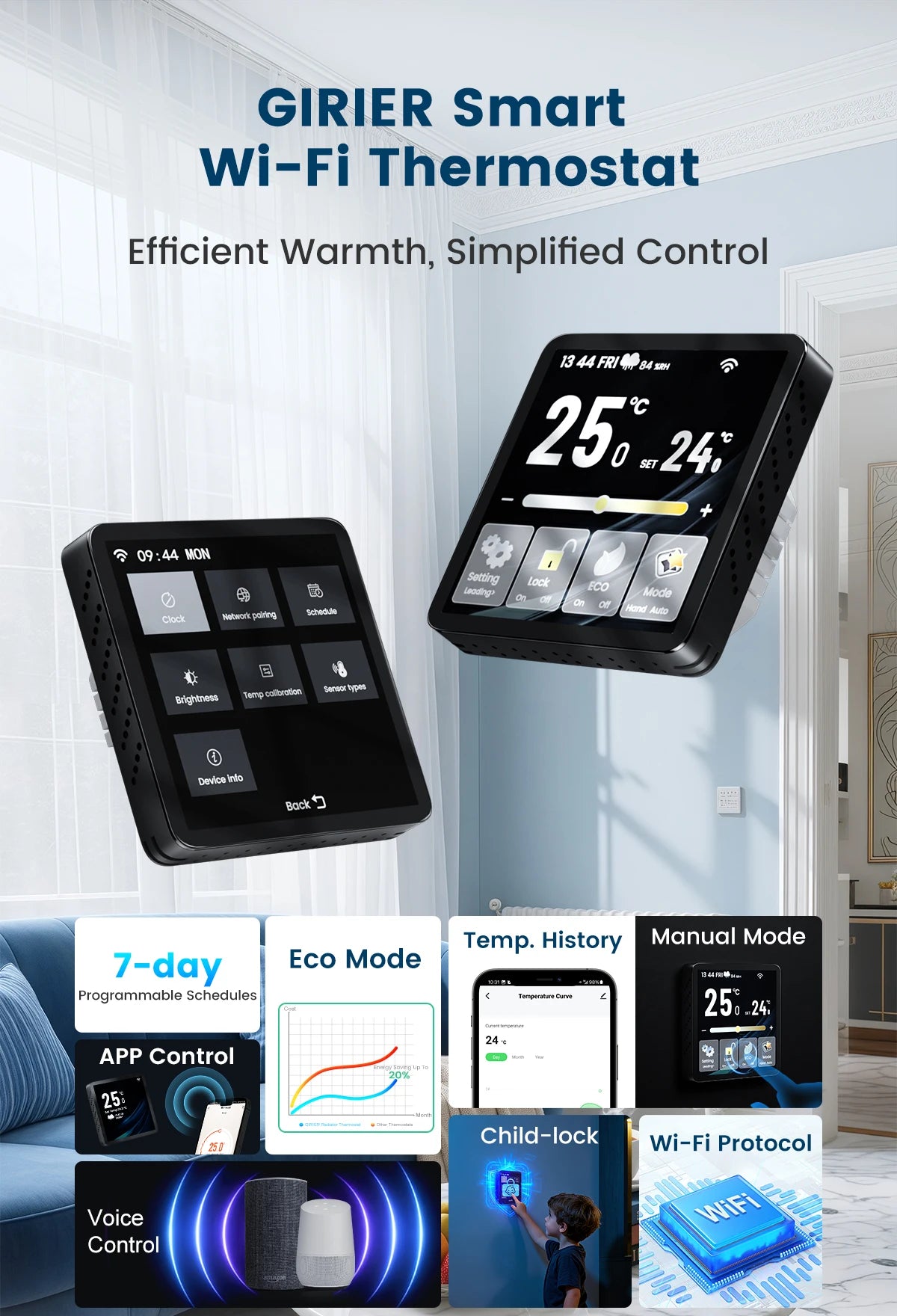 GIRIER Smart Thermostat WiFi Programmable Temperature Controller for Water/Gas Bolier Electric Heating System Works with Alexa