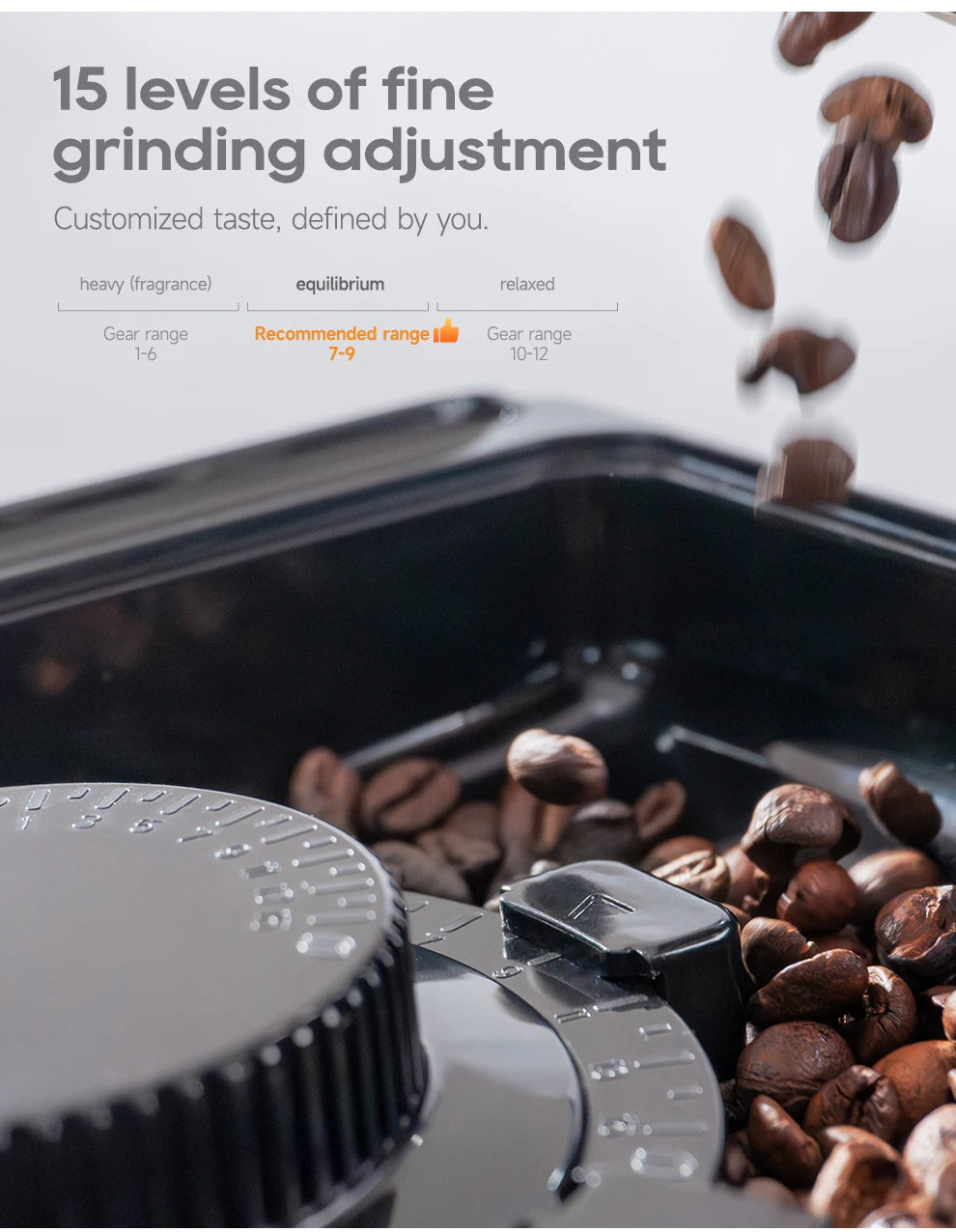 Black coffee grinder hopper with 15 adjustable grind settings and coffee beans pouring in.