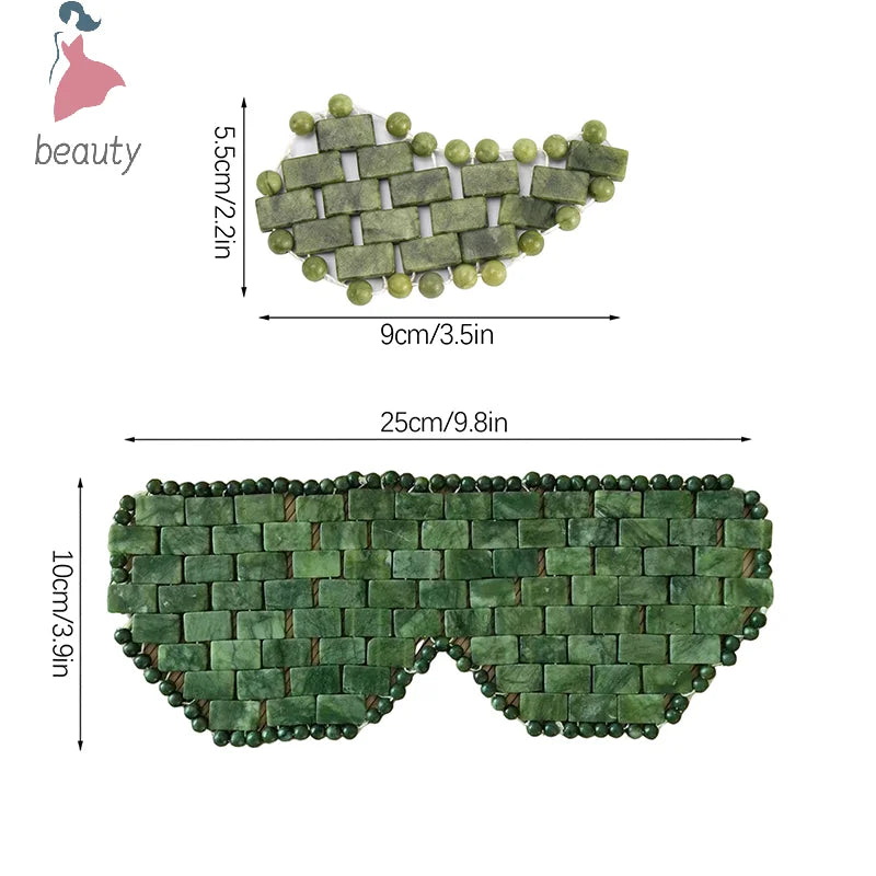 Natural jade cooling eye mask and facial stone massager for relaxing sleep care with dimensions shown.