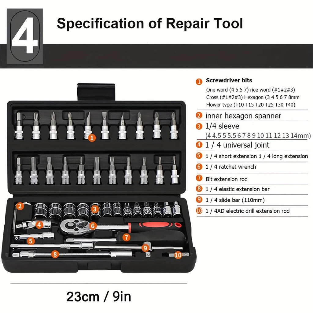 EAFC 46 PCs Automotive Repair Hand Tool Set Mechanic'S Tool Box 1/4"Socket Spanner Ratcheting Screwdriver Ratcheting Screwdriver