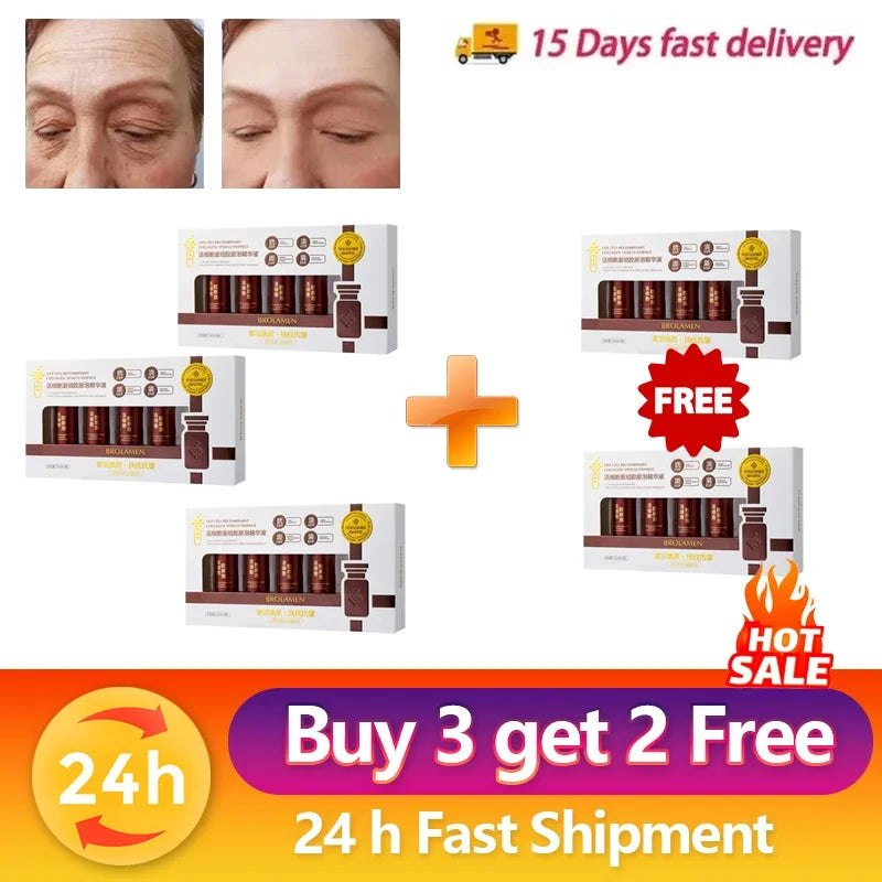 Recombinant collagen firming essence moisturizer in white retail cartons, set promo