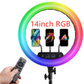 14-inch RGB ring light with three phone mounts, adjustable dimming controls, and a handheld remote for video lighting.