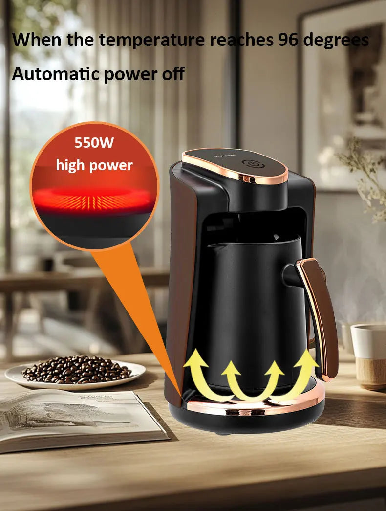 Black and rose gold electric Turkish coffee maker with 550W heating element and auto-off feature.