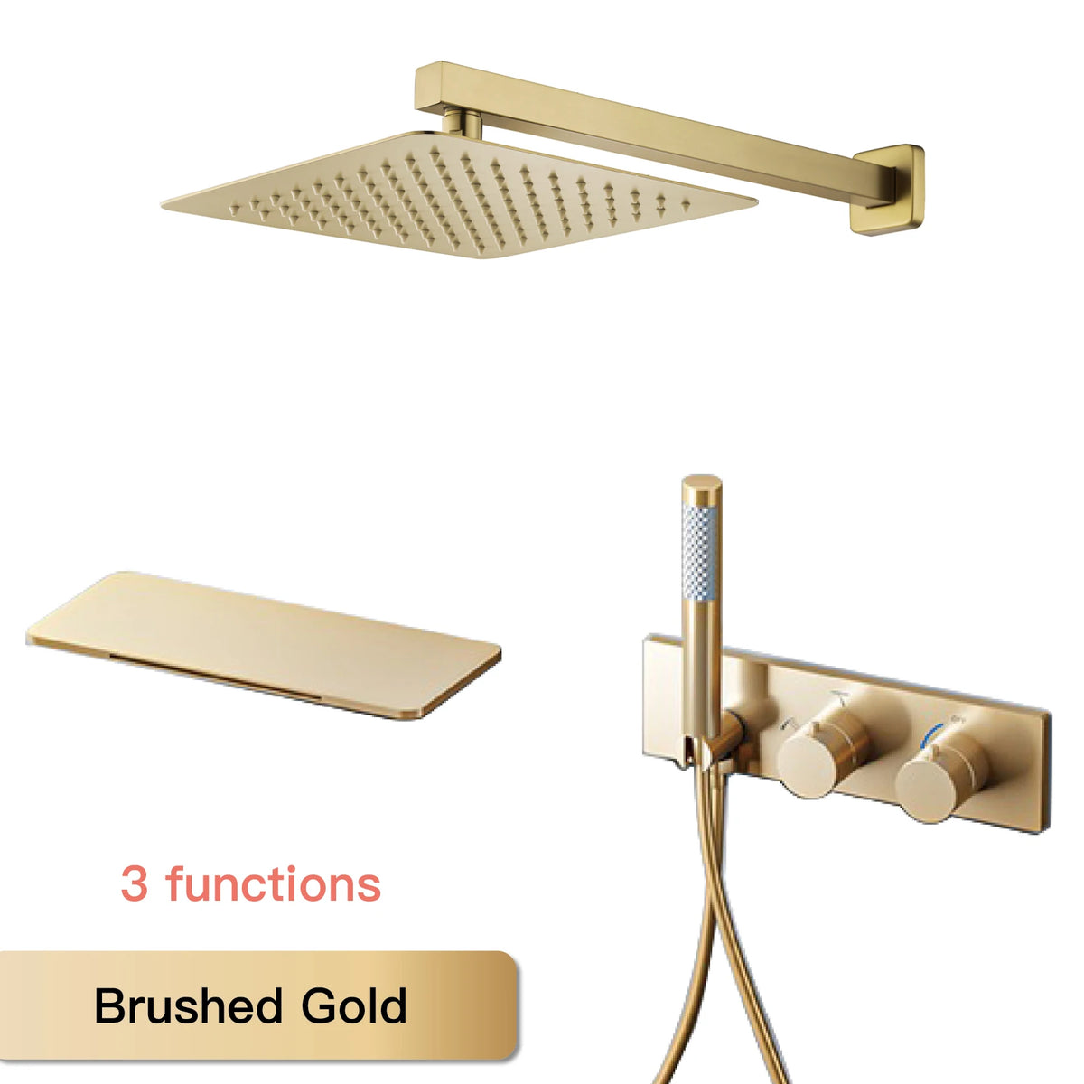 Brushed gold thermostatic 3-function ceiling shower set with angled square rain head