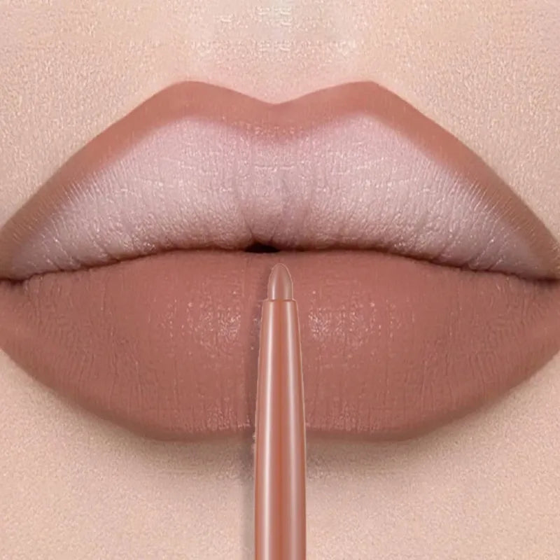 Long-lasting matte nude lip liner pencil applying a smooth, waterproof velvet finish to lips for defined makeup.