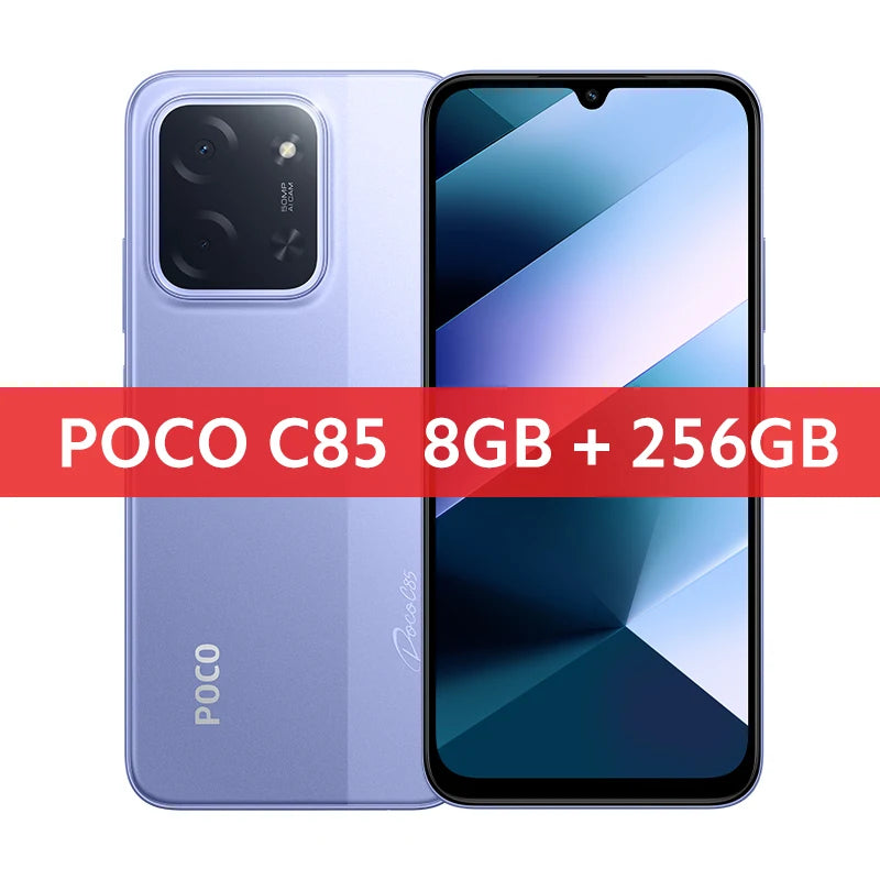 Purple POCO C85 256GB smartphone, front and back view, 6.9-inch display, 50MP AI camera, 6000mAh battery.