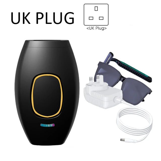 Black IPL laser hair removal device with UK plug, protective glasses, and razor for painless home body hair removal.
