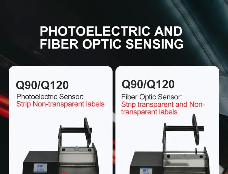 Automatic label stripper model options graphic for photoelectric and fiber optic sensing