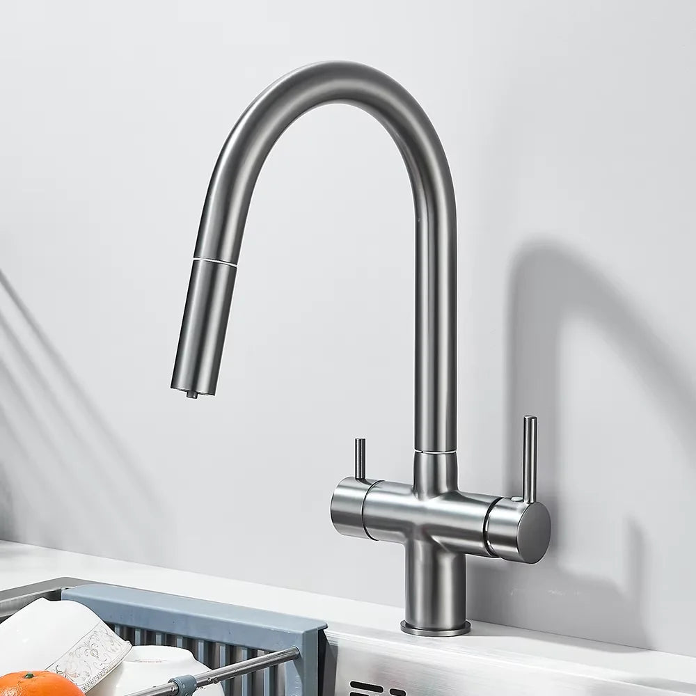Pure Water Filter Kitchen Faucet Pull Out Flexible Kitchen Faucets Dual Handle Stainless Steel 2 in 1 Hot Cold Water Mixer Tap