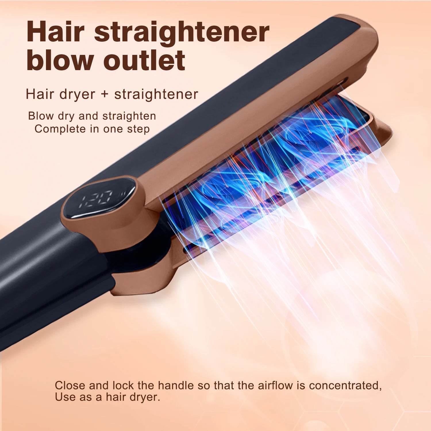 2in1 bronze and black hair dryer and straightener with LCD display for wet and dry hair styling.
