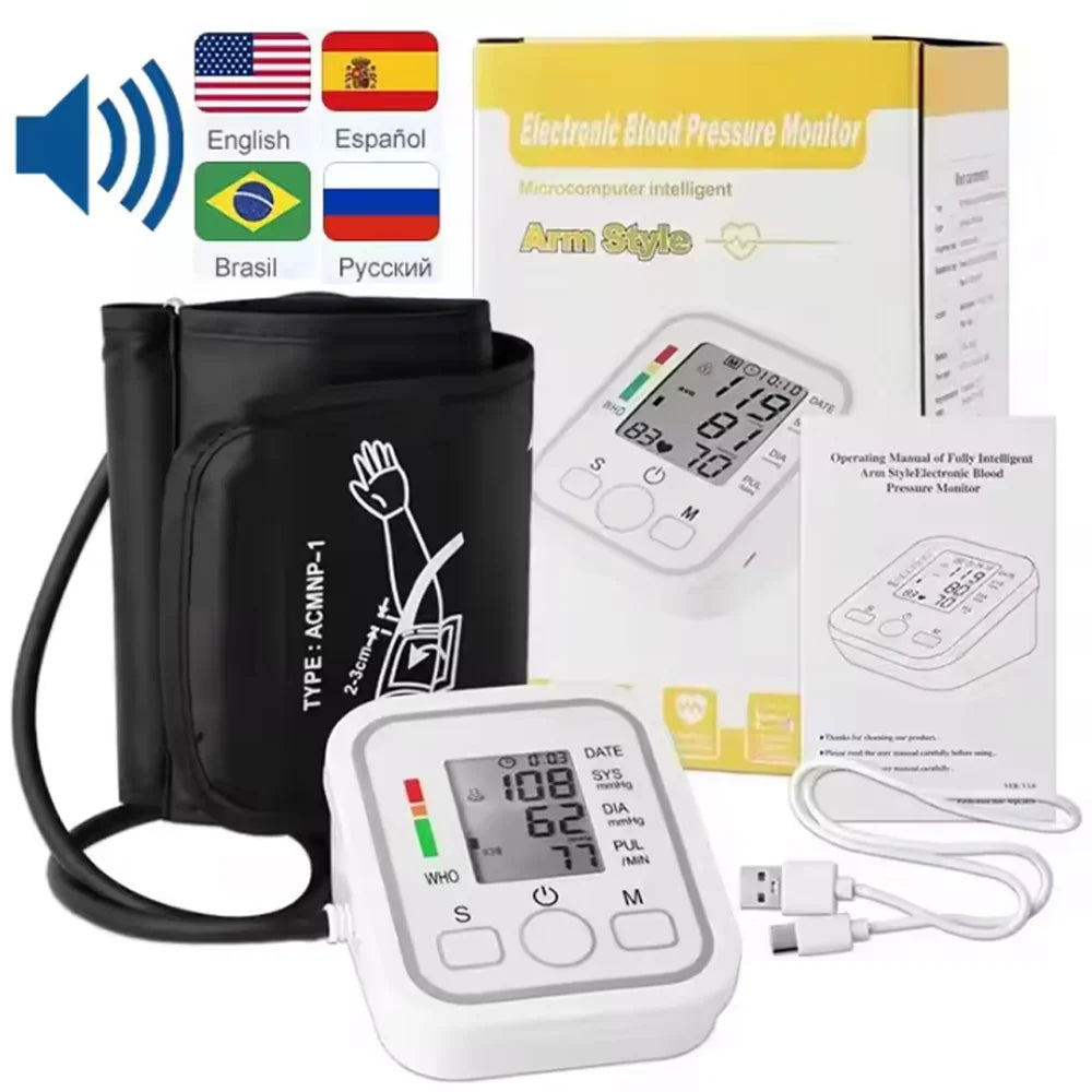 Spanish Voice Digital Arm Blood Pressure Meter Medical Pressure Monitor Tonometer Tensiometer Heart Rate Pulse Sphygmomanometer