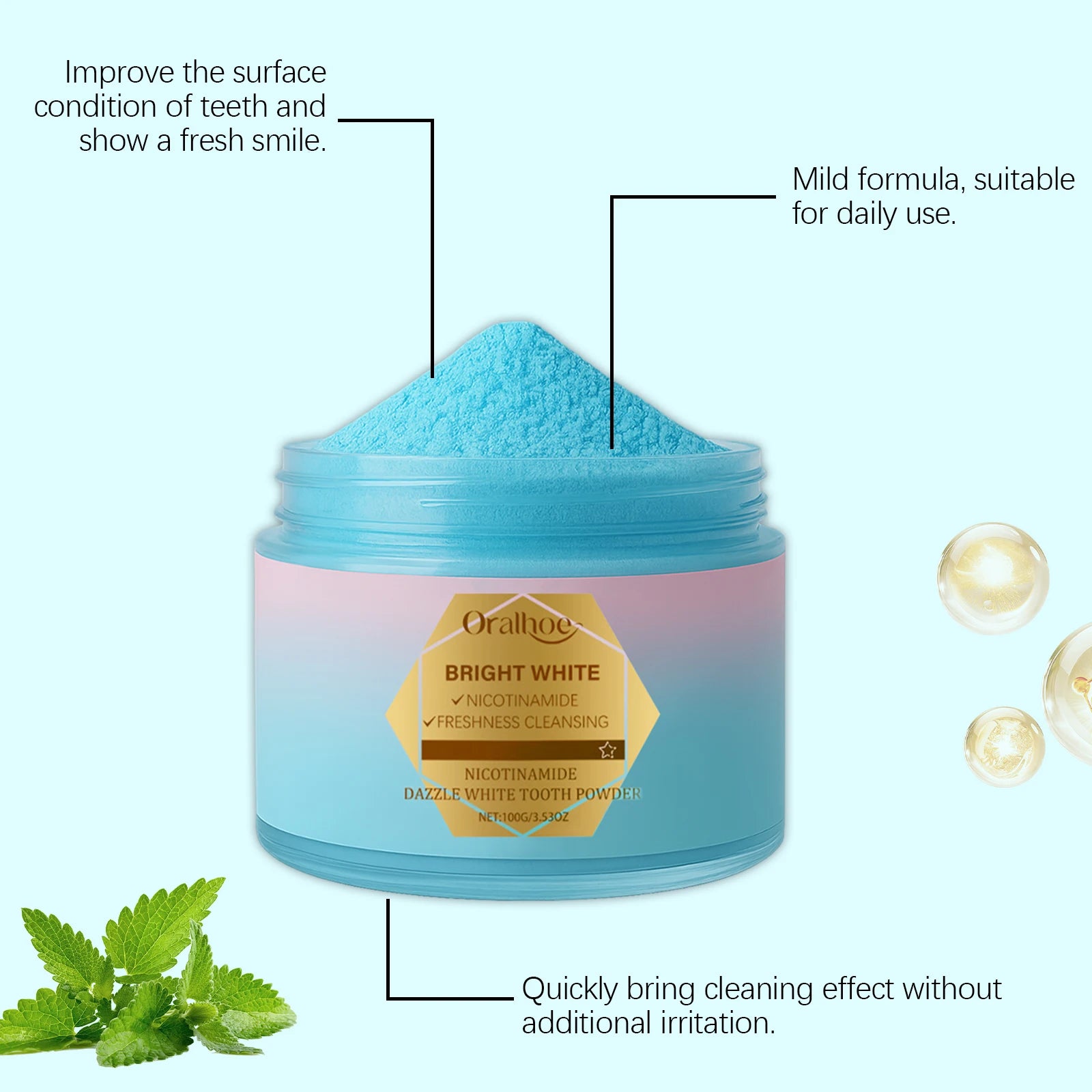Tidesmit Niacinamide teeth whitening powder for plaque removal and stain repair with fresh breath
