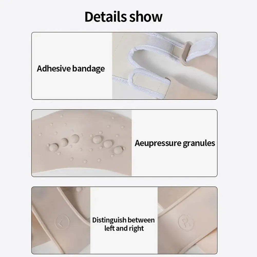 Details of a beige face slimming strap showing adhesive fasteners, acupressure granules, and left/right side labels.