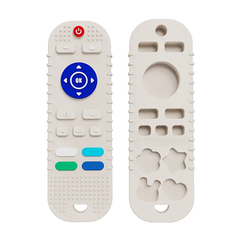 Beige silicone remote control baby teething toy for soothing sore gums.
