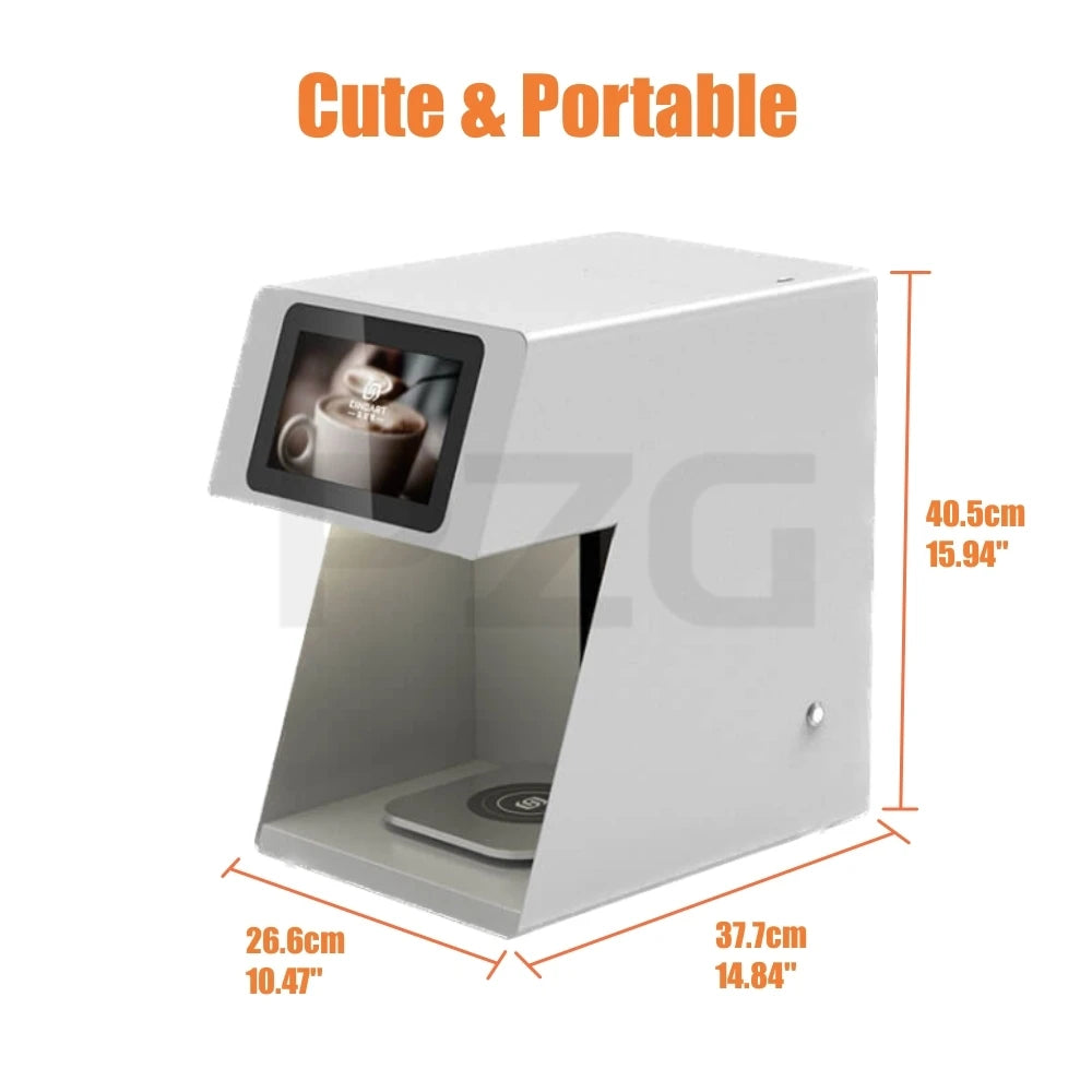 White portable coffee art printer machine with touchscreen display and dimensions, 40.5cm height.