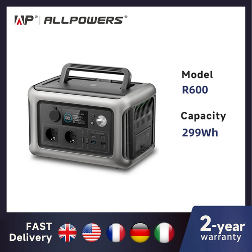 Compact gray ALLPOWERS R600 portable power station with a digital display, handle, and multiple AC and USB ports.