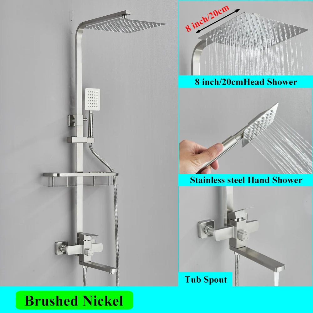 White Bathroom Shower Faucet Set Long Spout Rotation 3 Function Rainfall Headshower With Shelf Hot Cold Shower Mixer Tap System