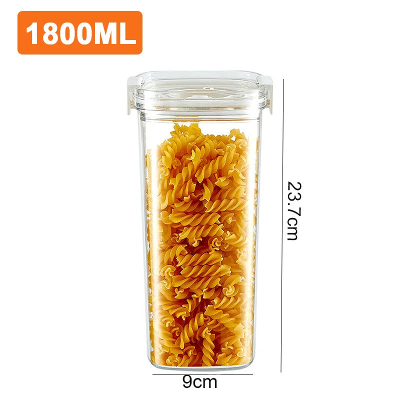 1800ML clear vacuum storage jar with clamp lid, filled with dry pasta