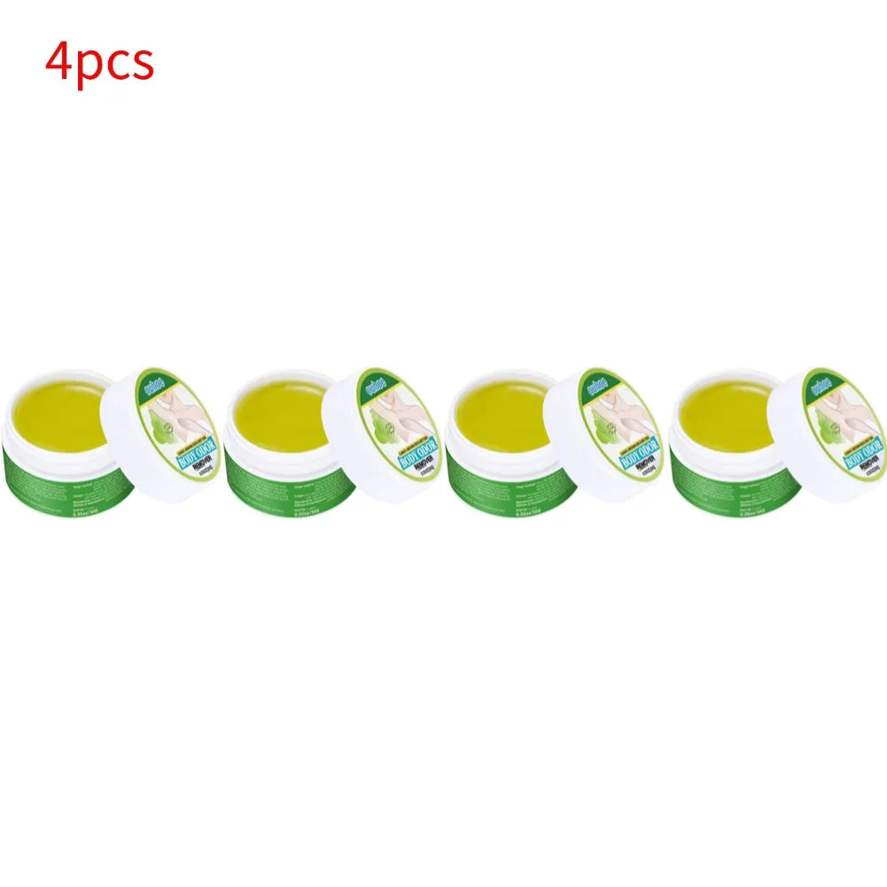 4-pack natural plant extract underarm deodorant cream with a smooth green balm texture in white jars for body odor.