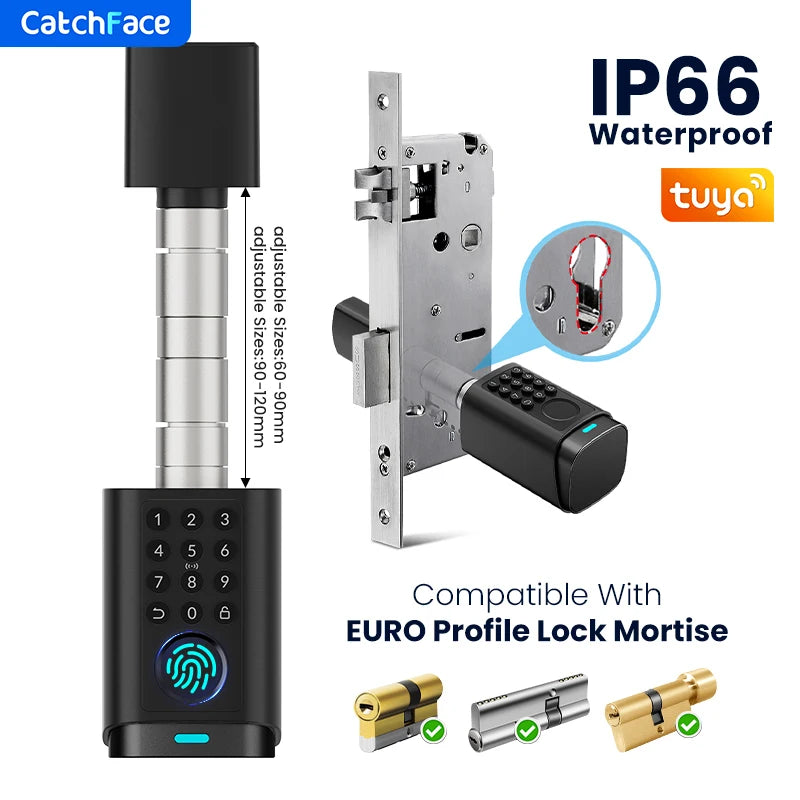 IP66 Waterproof 2026 New Generation TUYA APP Fingerprint Password Digital RFID Card Cylinder Smart Door Lock 60-90 90-120