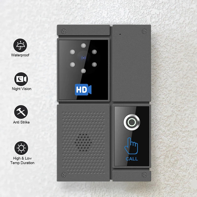 Outdoor video intercom doorbell unit, with camera lens, speaker area, and call icon