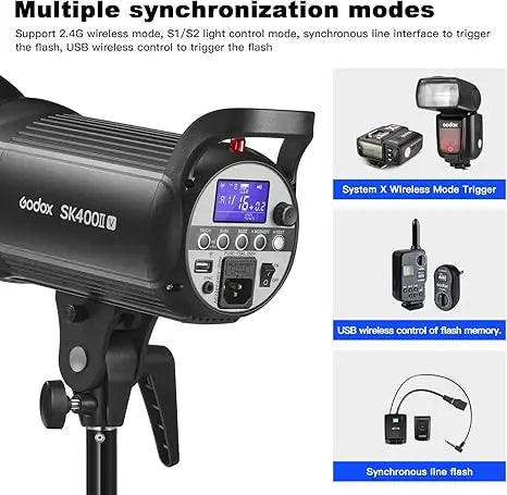 SK400II-V studio flash strobe with digital screen, mount, and wireless triggering accessories for professional lighting.