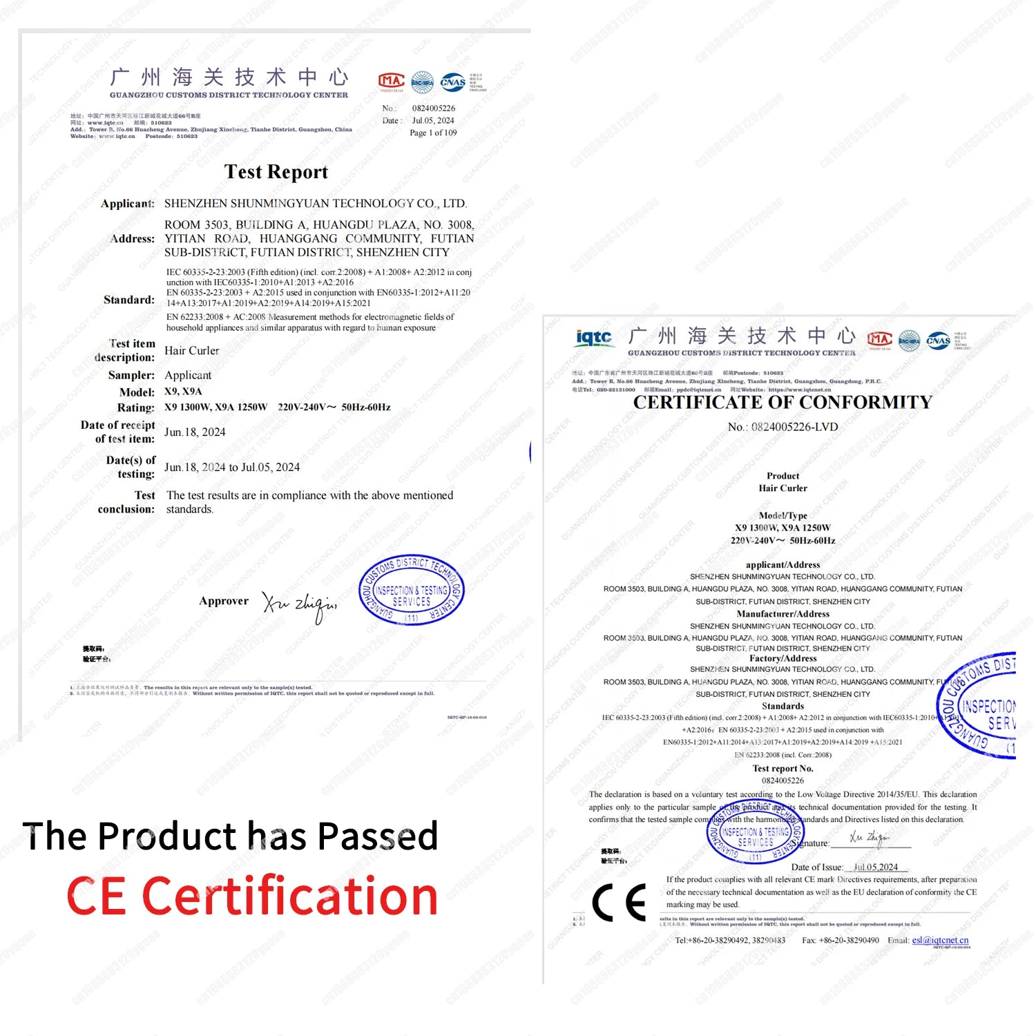 CE-certified safety test report for 1300W auto curling hair dryer, professional salon hair styler, and straightener.