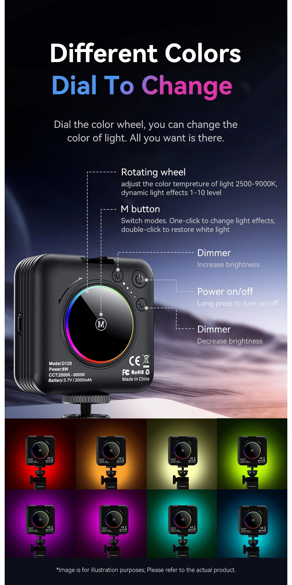 Square black LED light with a rotating color control dial for adjusting brightness and color temperature for