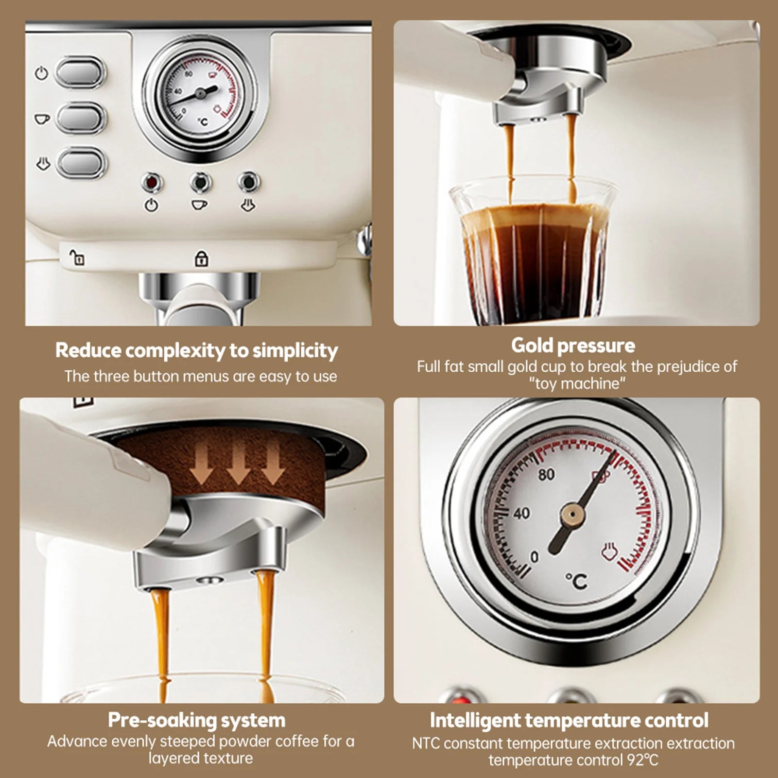 Cream white espresso machine with chrome accents, pressure gauge, pre-soaking system, and three-button control panel.