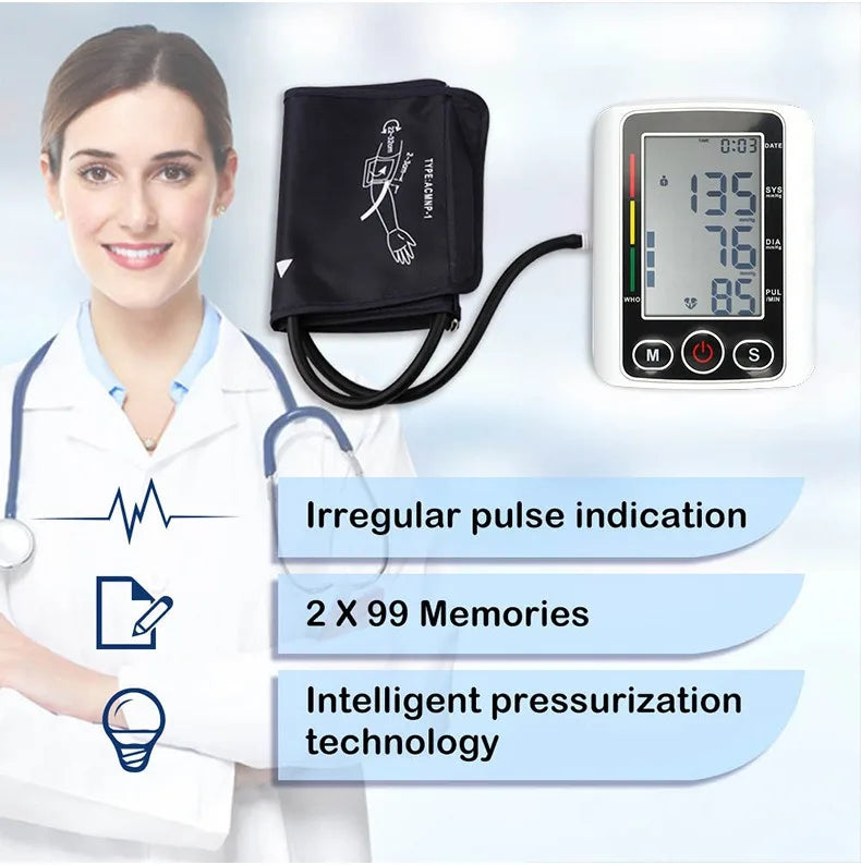 Automatic Tonometer Upper Arm Blood Pressure Monitor LCD Screen Sphygmomanometer Digital BP Monitor Medical Tensiometer Measure
