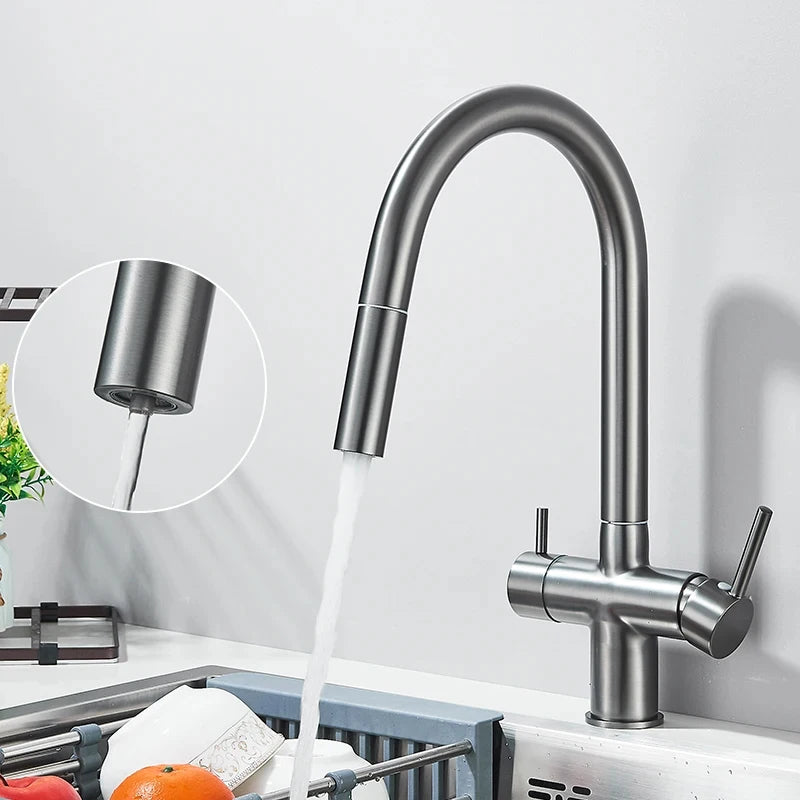 Filter Water Kitchen Faucet Pull Out Sprayer Head Deck Mounted Taps 360 Rotate Hot/Cold Water Mixers Dual Handle