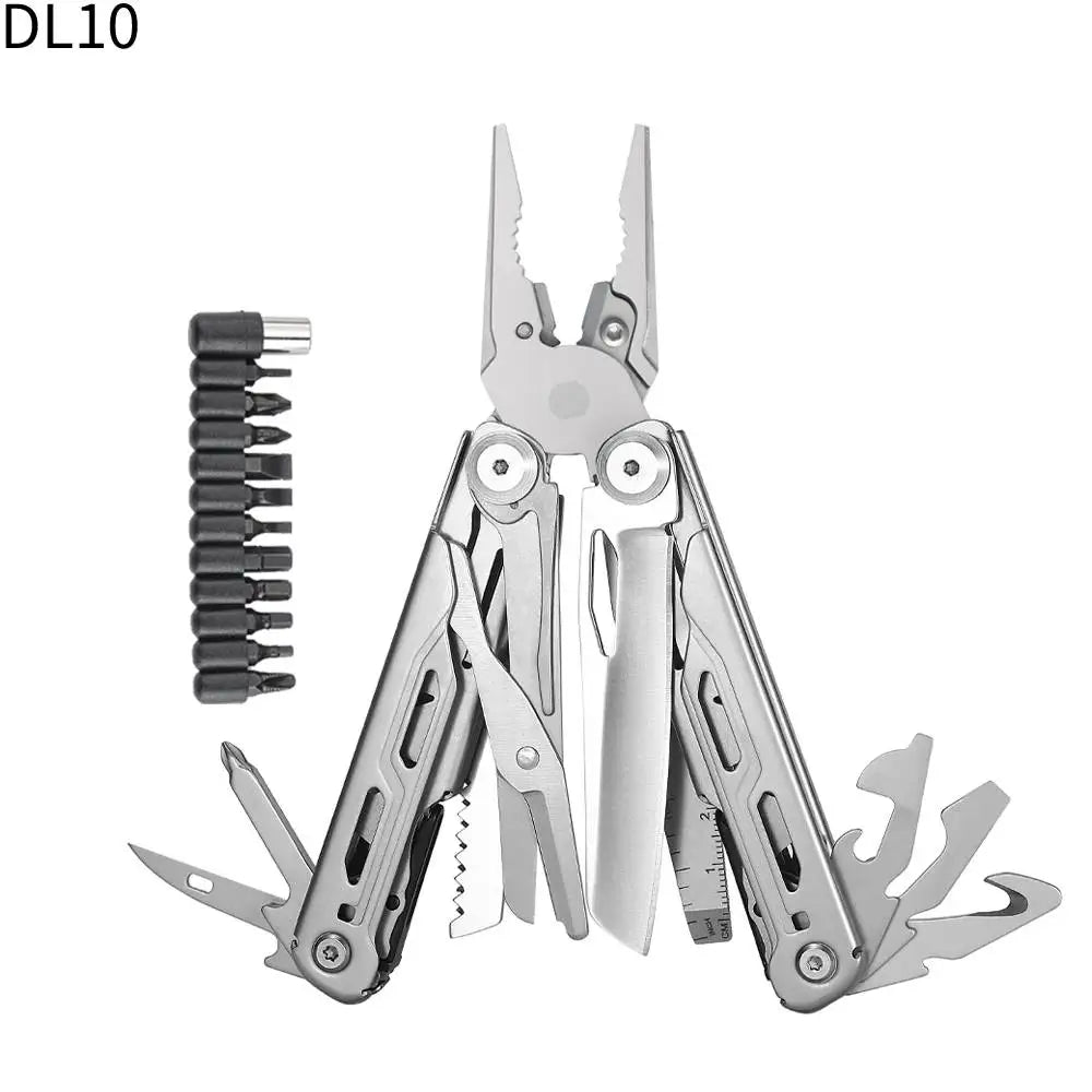 DL10 folding multitool with pliers, blades, and precision tool attachments