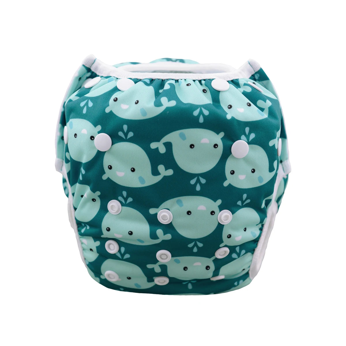 Reusable cloth baby diaper with adjustable snaps and cute green whale pattern for comfortable baby care.