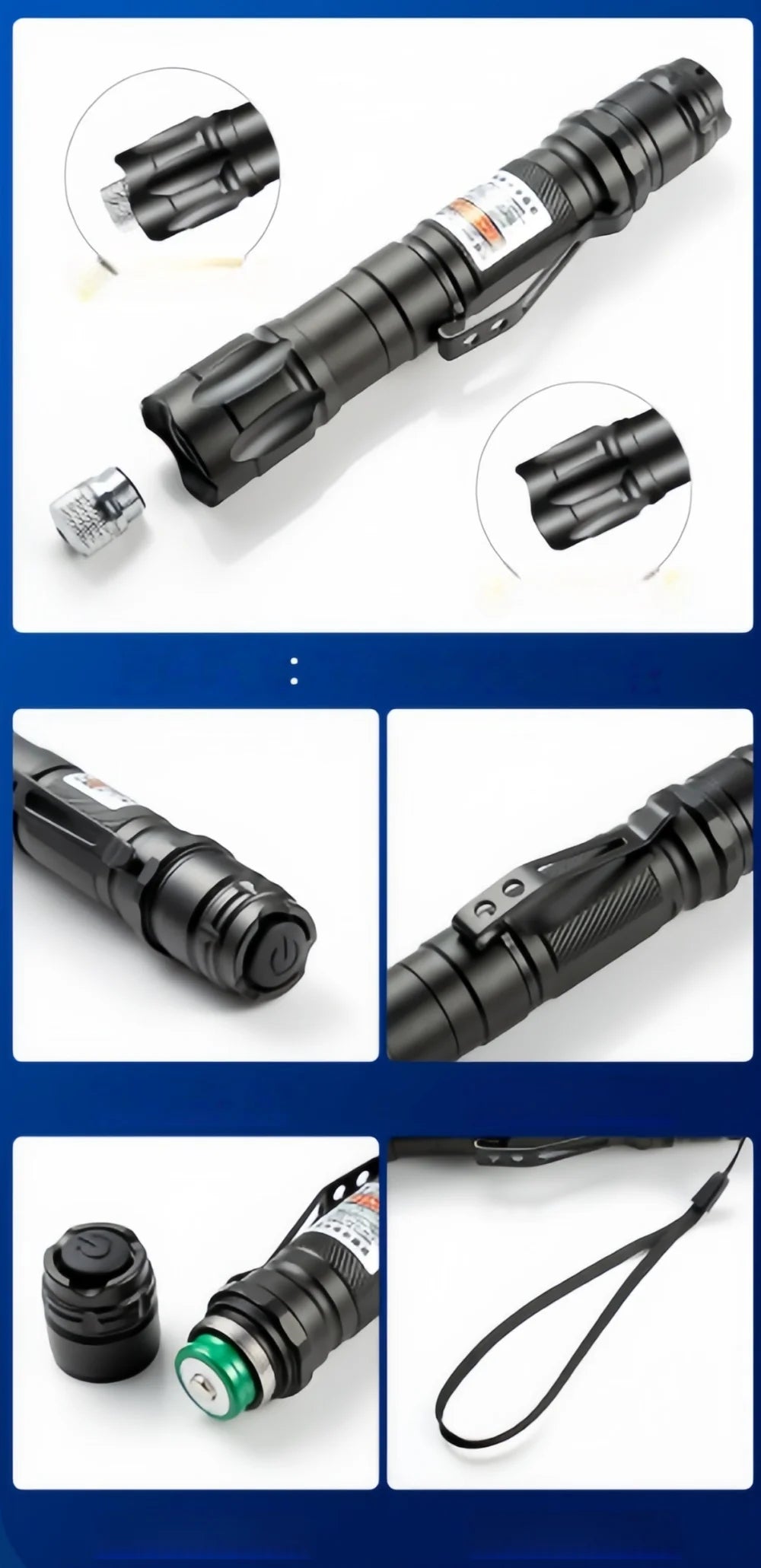 Black laser pointer cat toy set with 5 pattern caps for interactive exercise and adjustable focus beam training tool.