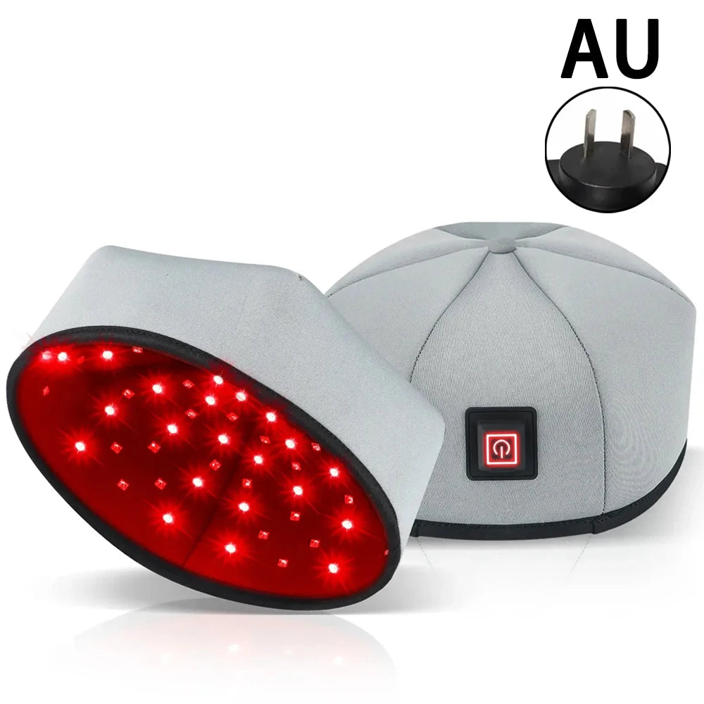 Grey wired red light therapy hair growth cap with 650nm LEDs and AU wall plug for home hair loss treatment.