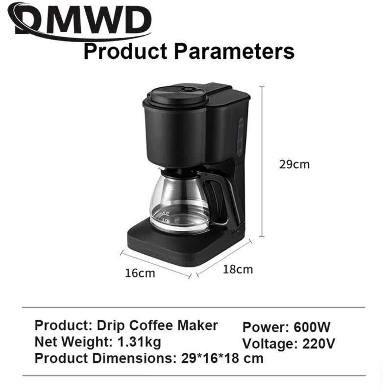 MWD black drip coffee maker with glass carafe, 600W power, and compact 29x16x18 cm dimensions.