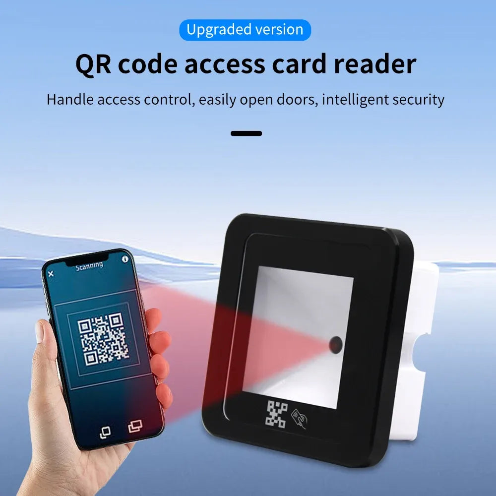 Black QR access card reader with scanning window, shown with a smartphone displaying a QR code.