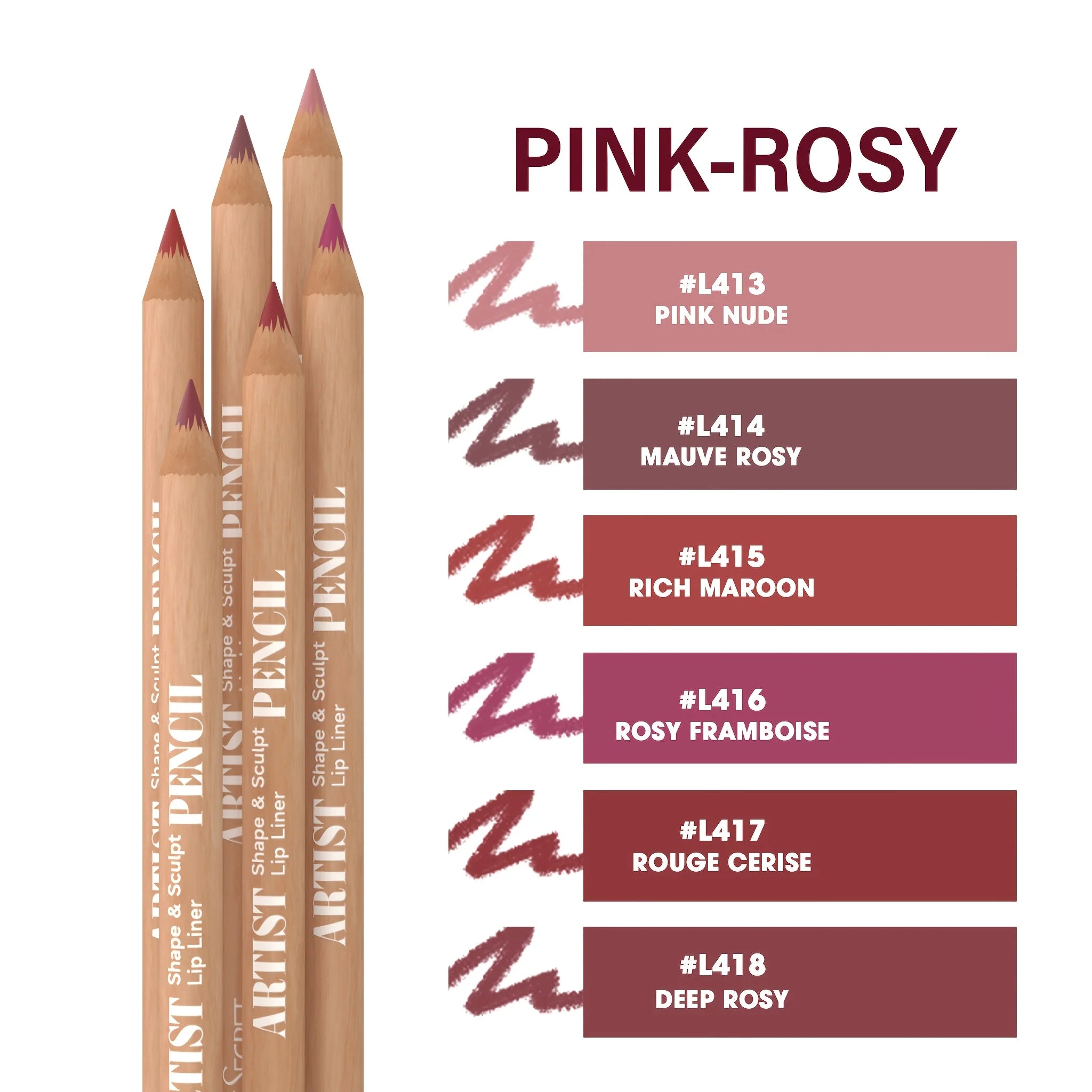 6pcs velvet matte lip liner set in pink-rosy shades with swatch color guide for precise lip contouring.