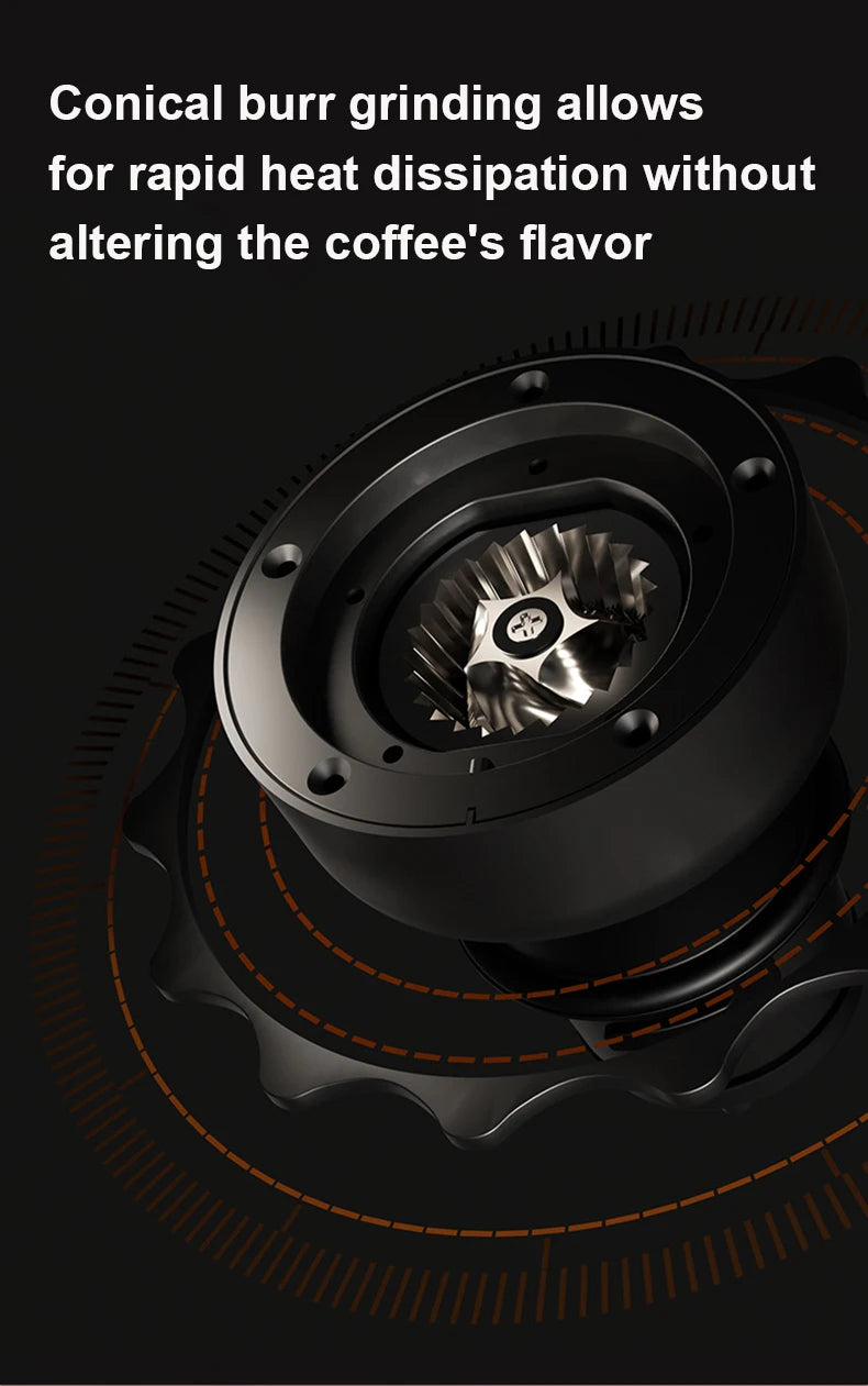 Black coffee grinder conical steel burr mechanism for cool, flavor-preserving grinding performance.