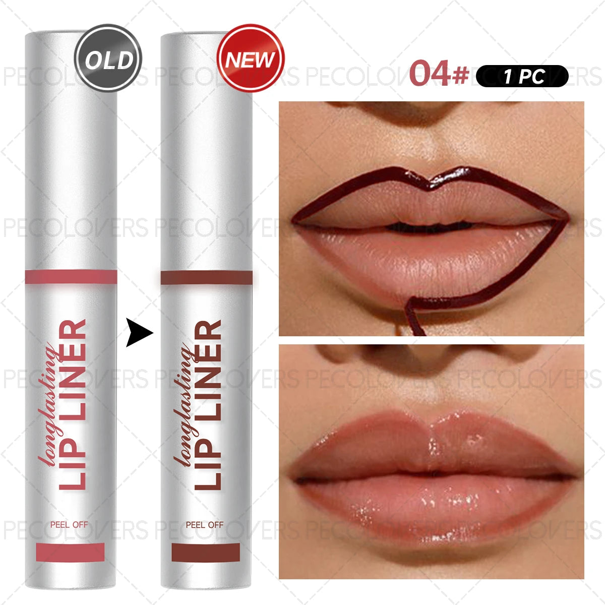 Waterproof peel-off lip liner in shade 04, showing dark brown pigment application and natural matte finish on lips.