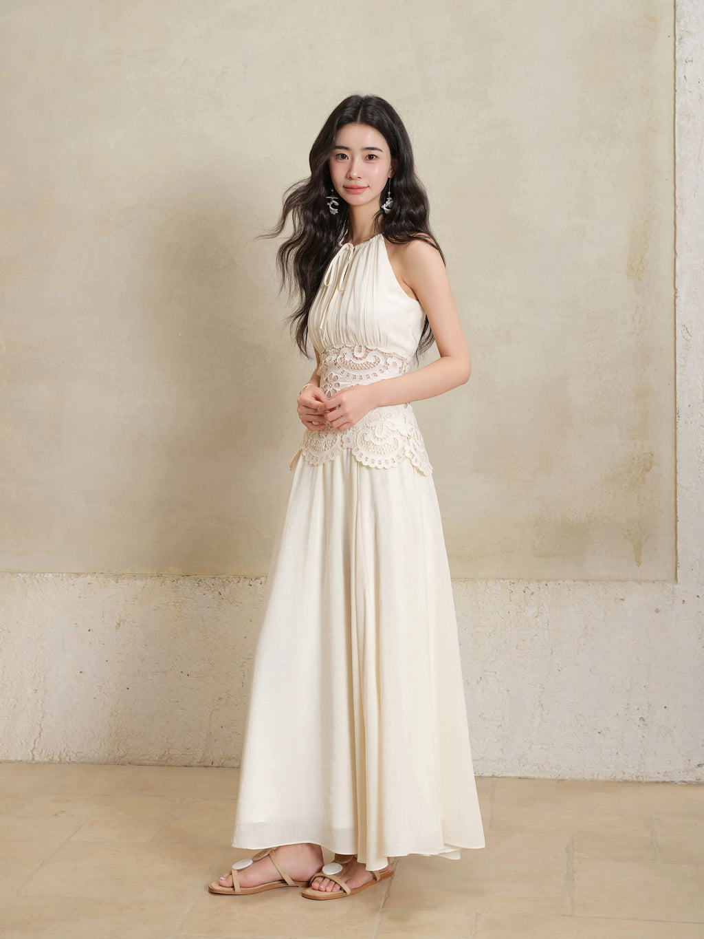 Lace Halter Maxi Dress Women Summer A-Line Slim Fit French Style Elegant Long Dress Hollow Out Sleeveless Fake Two-Piece Outfit
