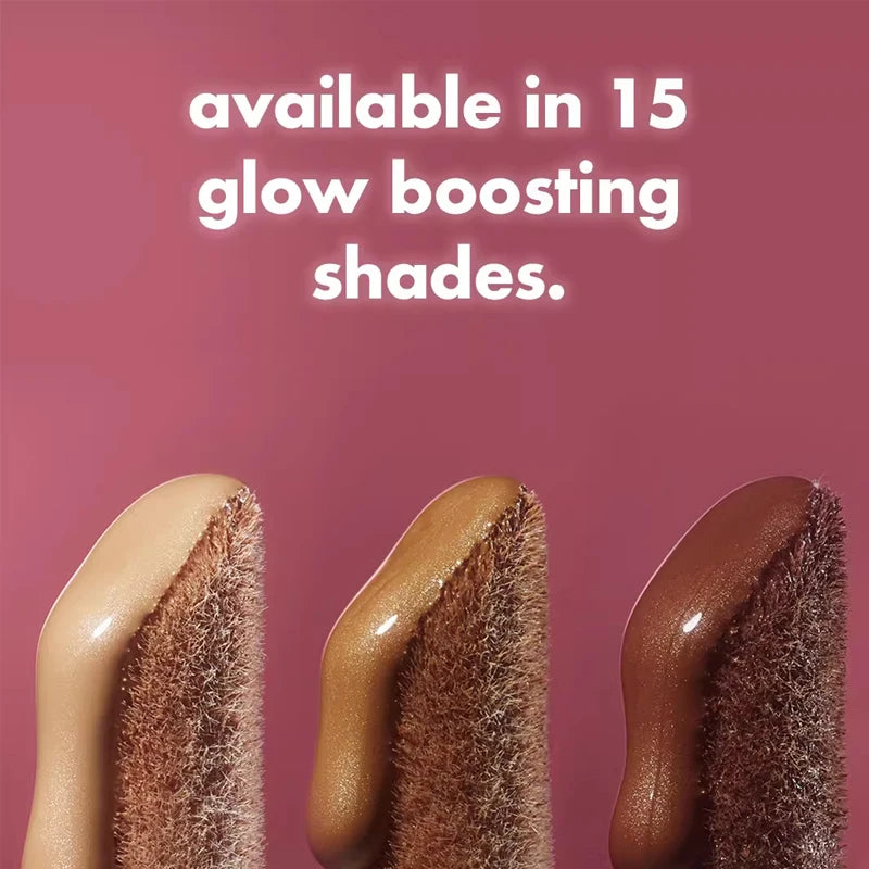 e.l.f. foundation applicators showing creamy, glow-boosting liquid texture in light, medium, and dark shades.